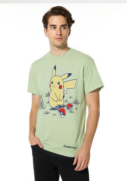 Celio* Pokemon Men Green Printed Regular Fit Cotton T-shirt