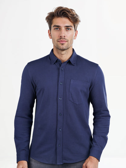 Celio* Solid Regular Fit Cotton-Blend Navy Blue Shirt