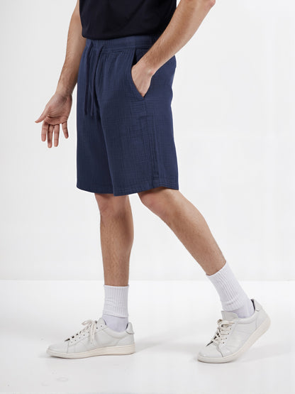 Celio* Men Navy Blue Solid Regular Fit Cotton Shorts