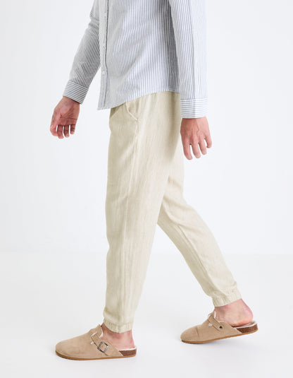 Celio* Men Off White Solid Jogger Fit Linen Trousers