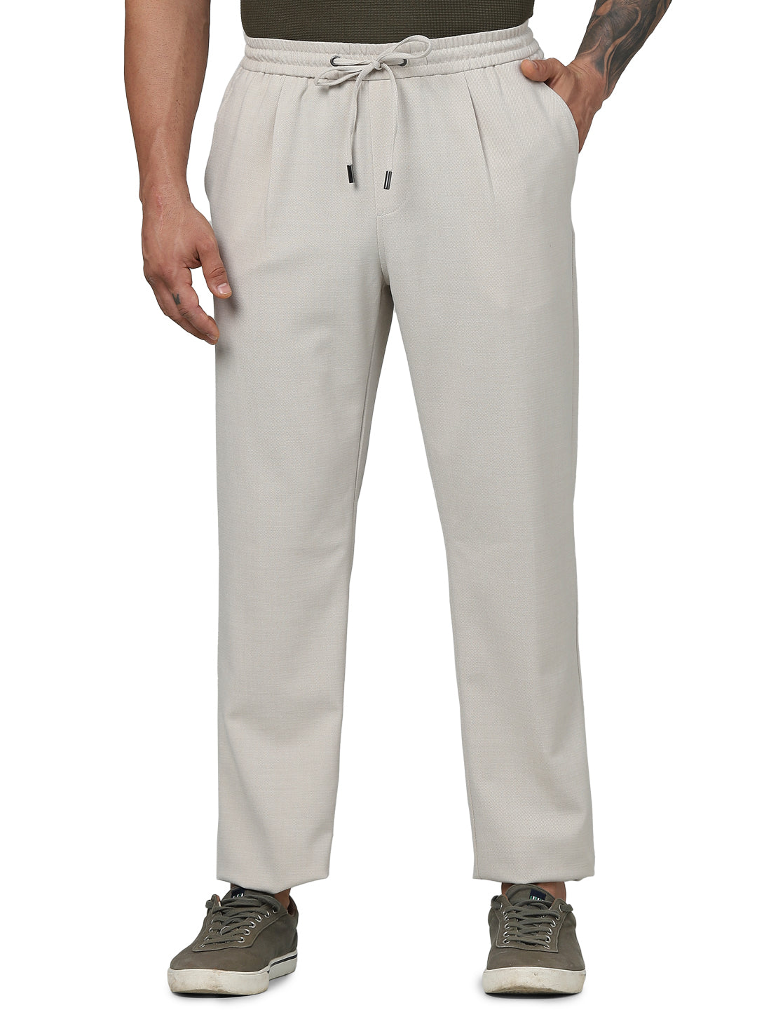 Beige Polyester Regular Fit Trousers