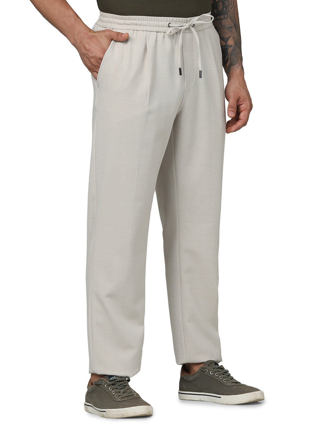 Beige Polyester Regular Fit Trousers