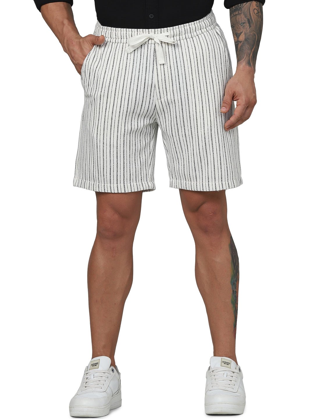 Off White Striped Regular Fit Shorts