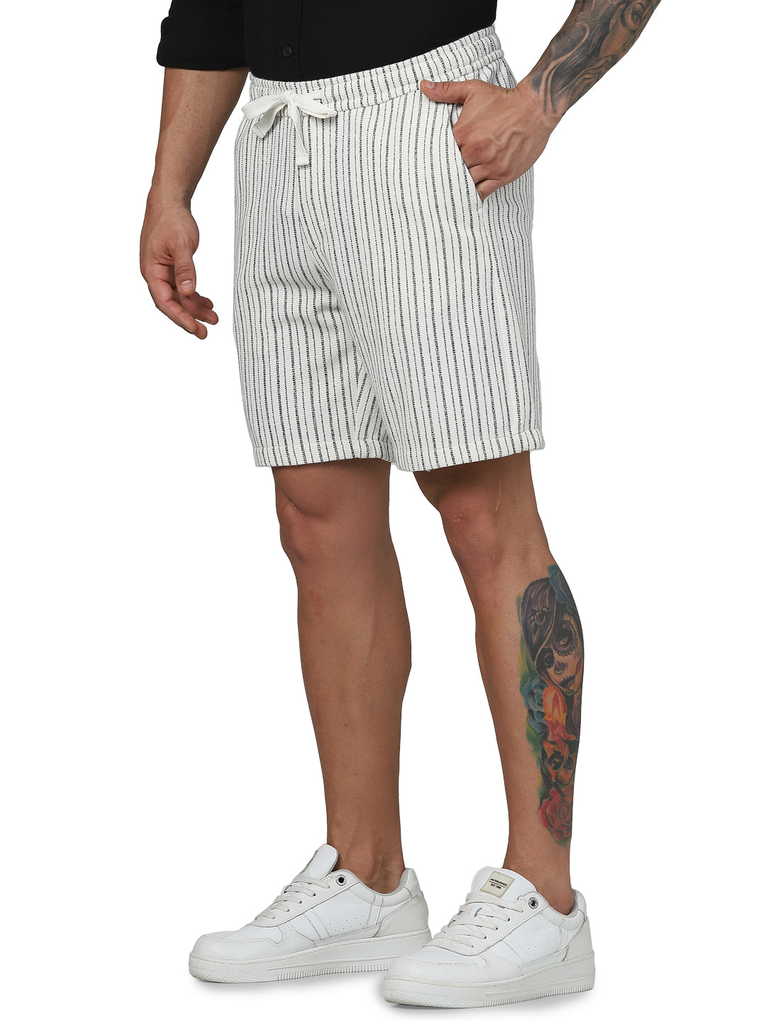 Off White Striped Regular Fit Shorts