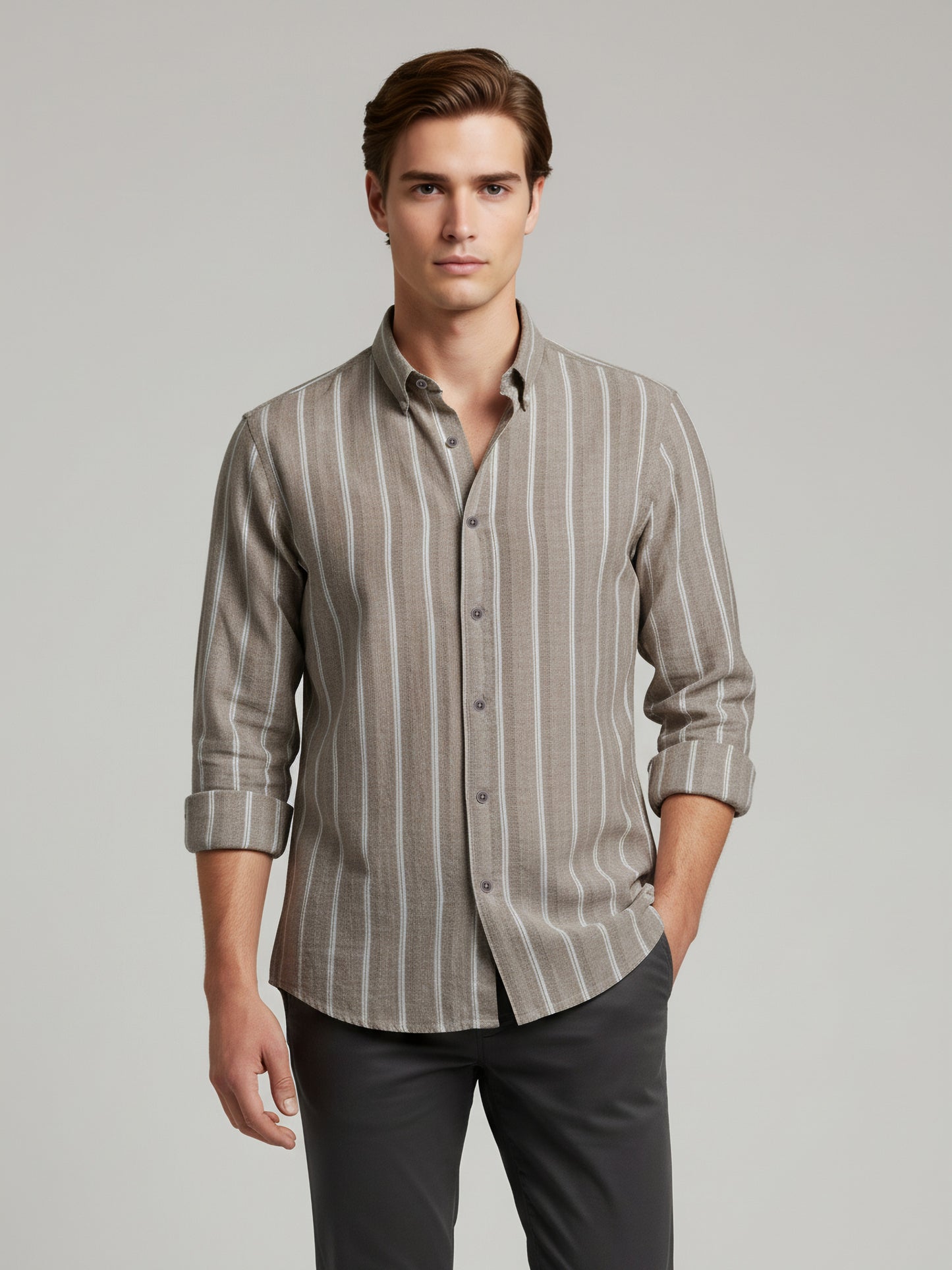Celio* Men Beige Striped Regular Fit Cotton Shirts