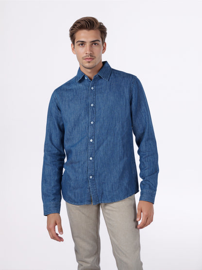 Celio* Men Blue Solid Regular Fit Cotton-Linen-Blend Shirts