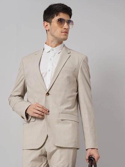 Beige Solid Polyester Blazer