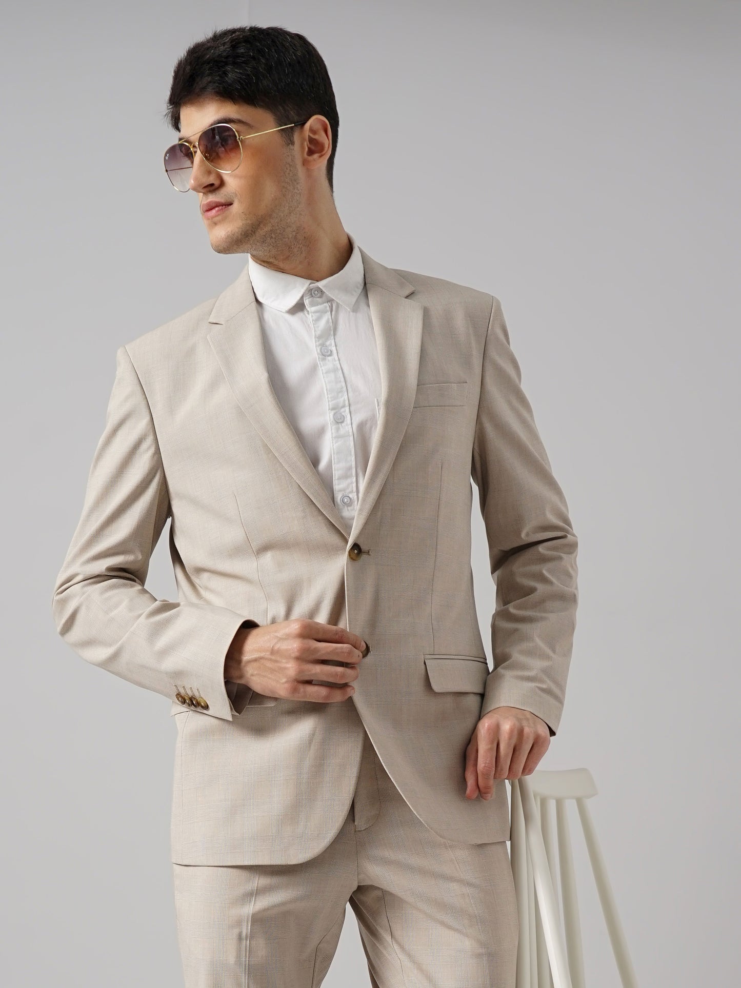 Beige Solid Polyester Blazer