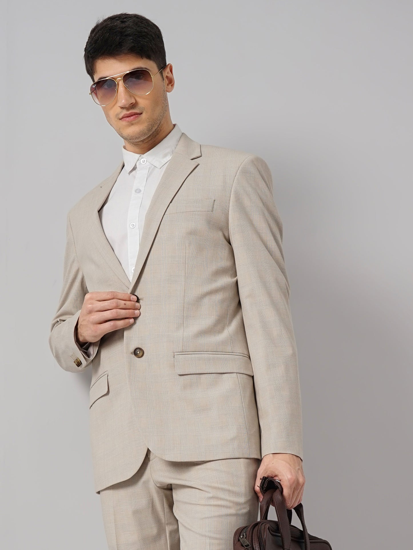 Beige Solid Polyester Blazer