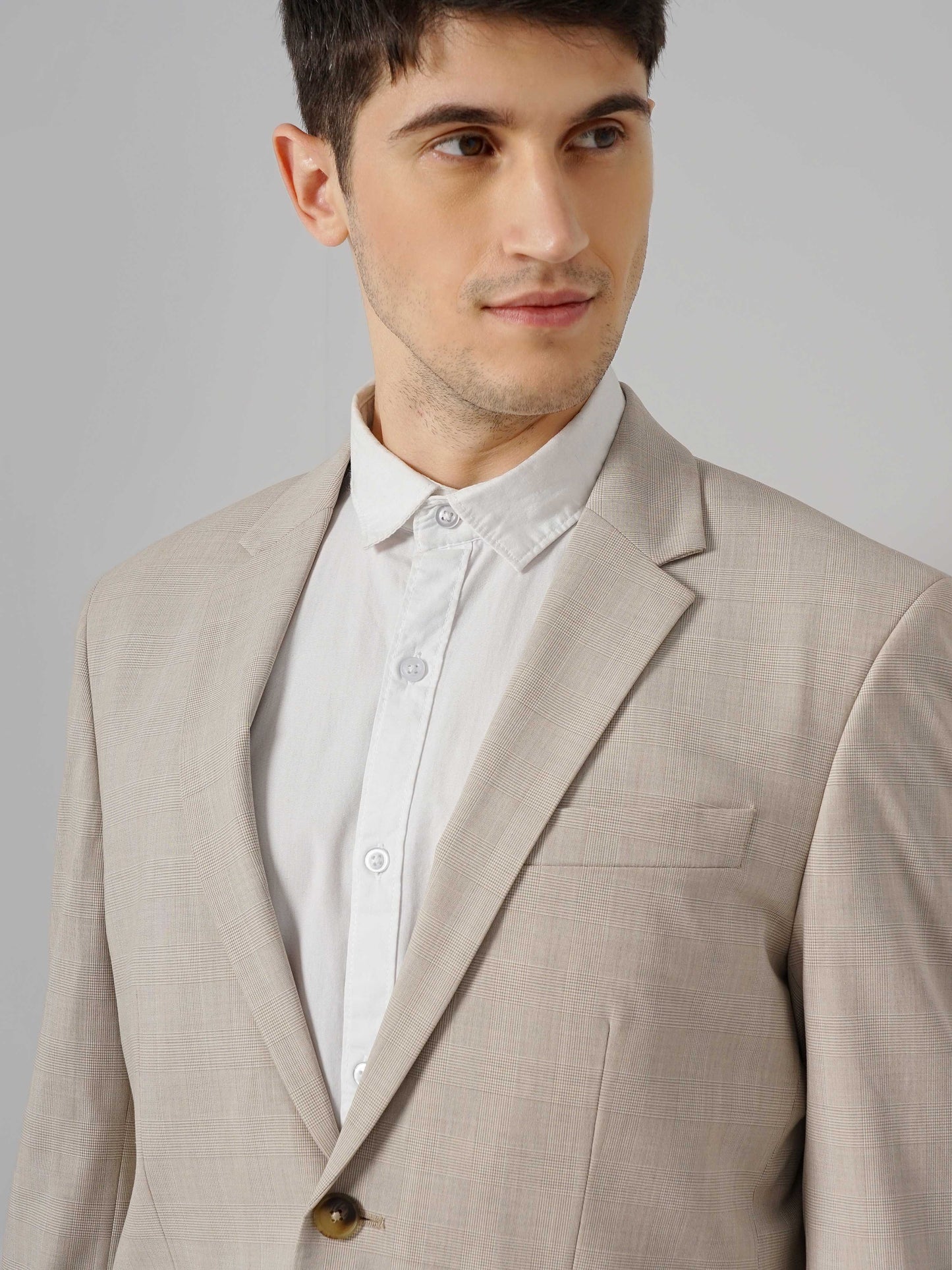 Beige Solid Polyester Blazer