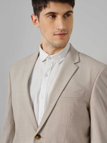 Beige Solid Polyester Blazer