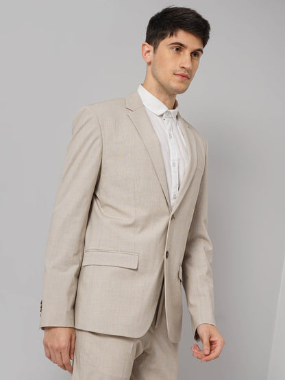 Beige Solid Polyester Blazer