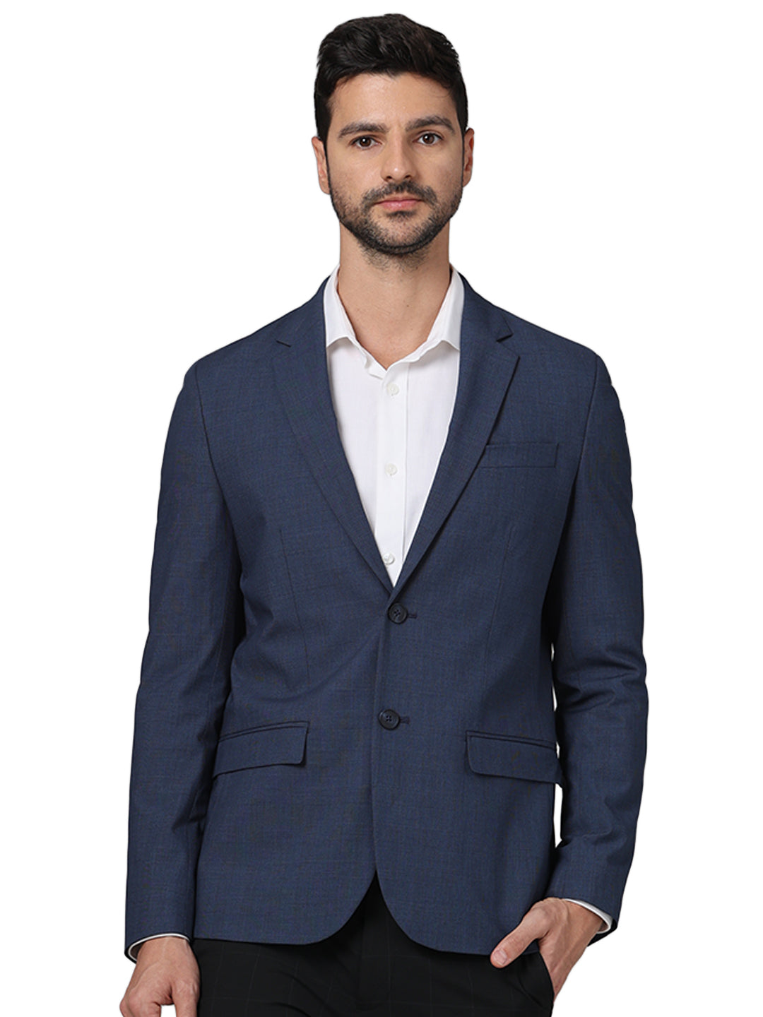 Navy Blue Solid Polyester Blazer