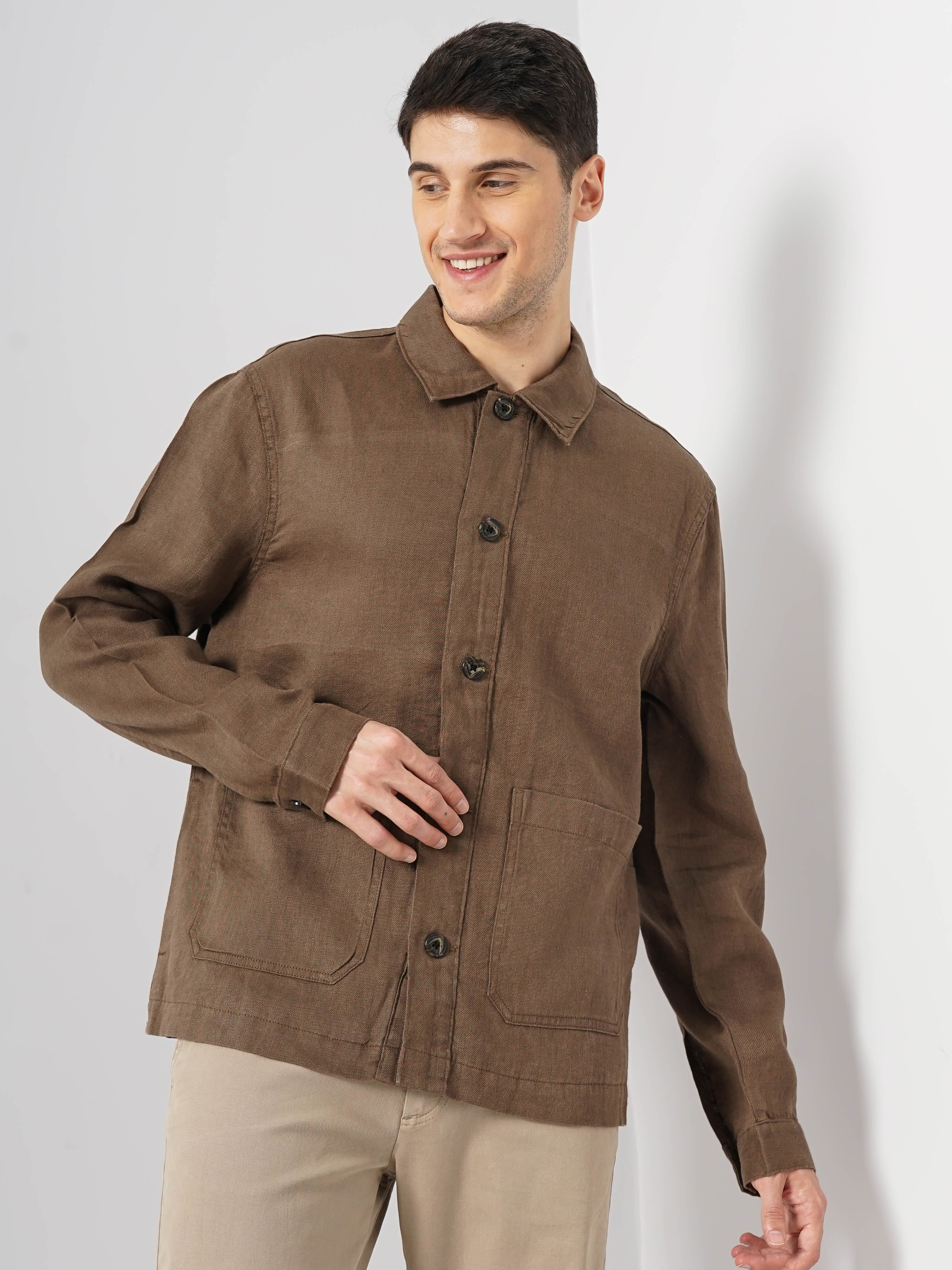 Brown Solid Linen Jacket