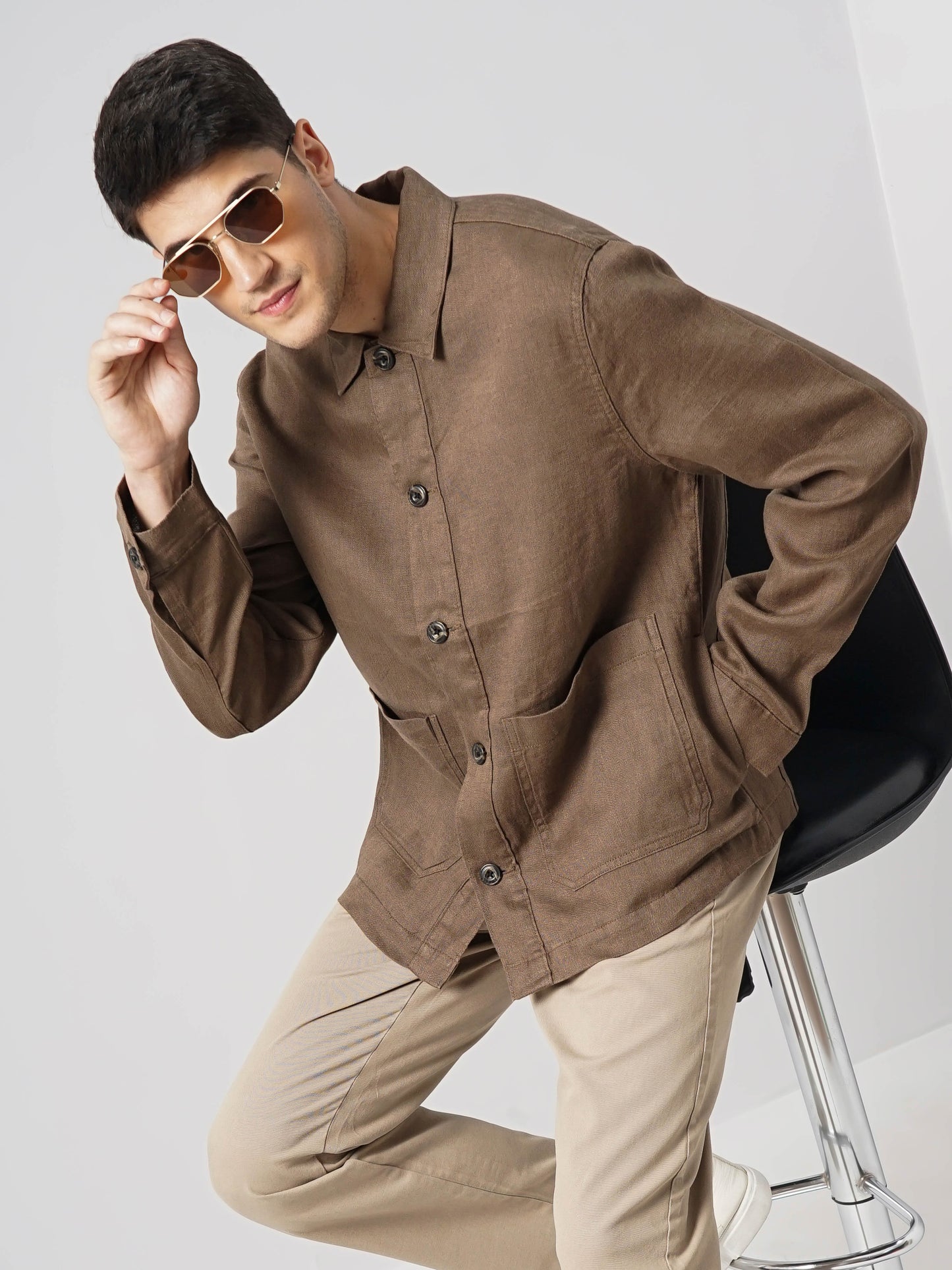 Brown Solid Linen Jacket