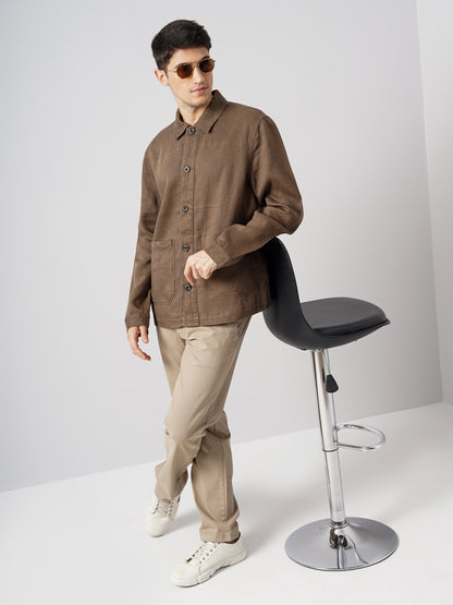 Brown Solid Linen Jacket