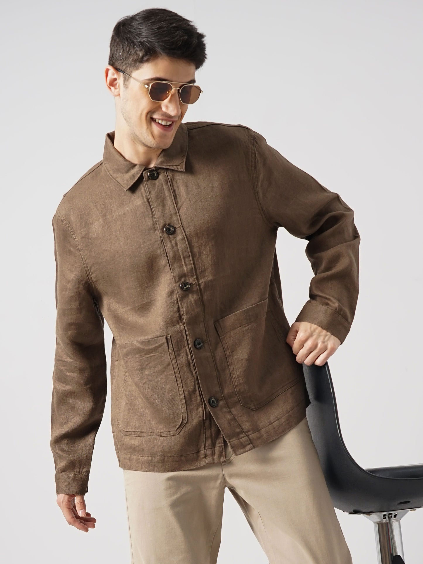 Brown Solid Linen Jacket