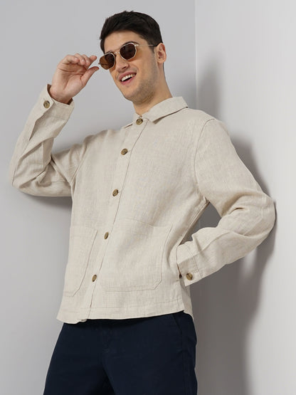 Off White Solid Linen Jacket