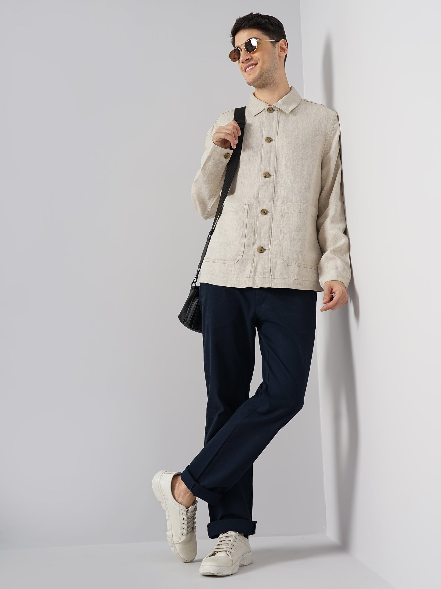 Off White Solid Linen Jacket