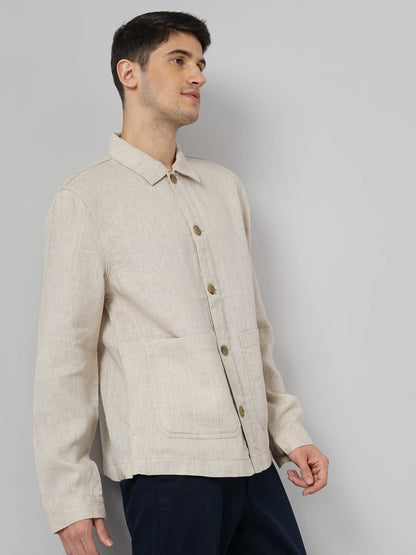 Off White Solid Linen Jacket