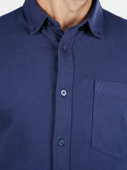 Celio* Solid Regular Fit Cotton-Blend Navy Blue Shirt