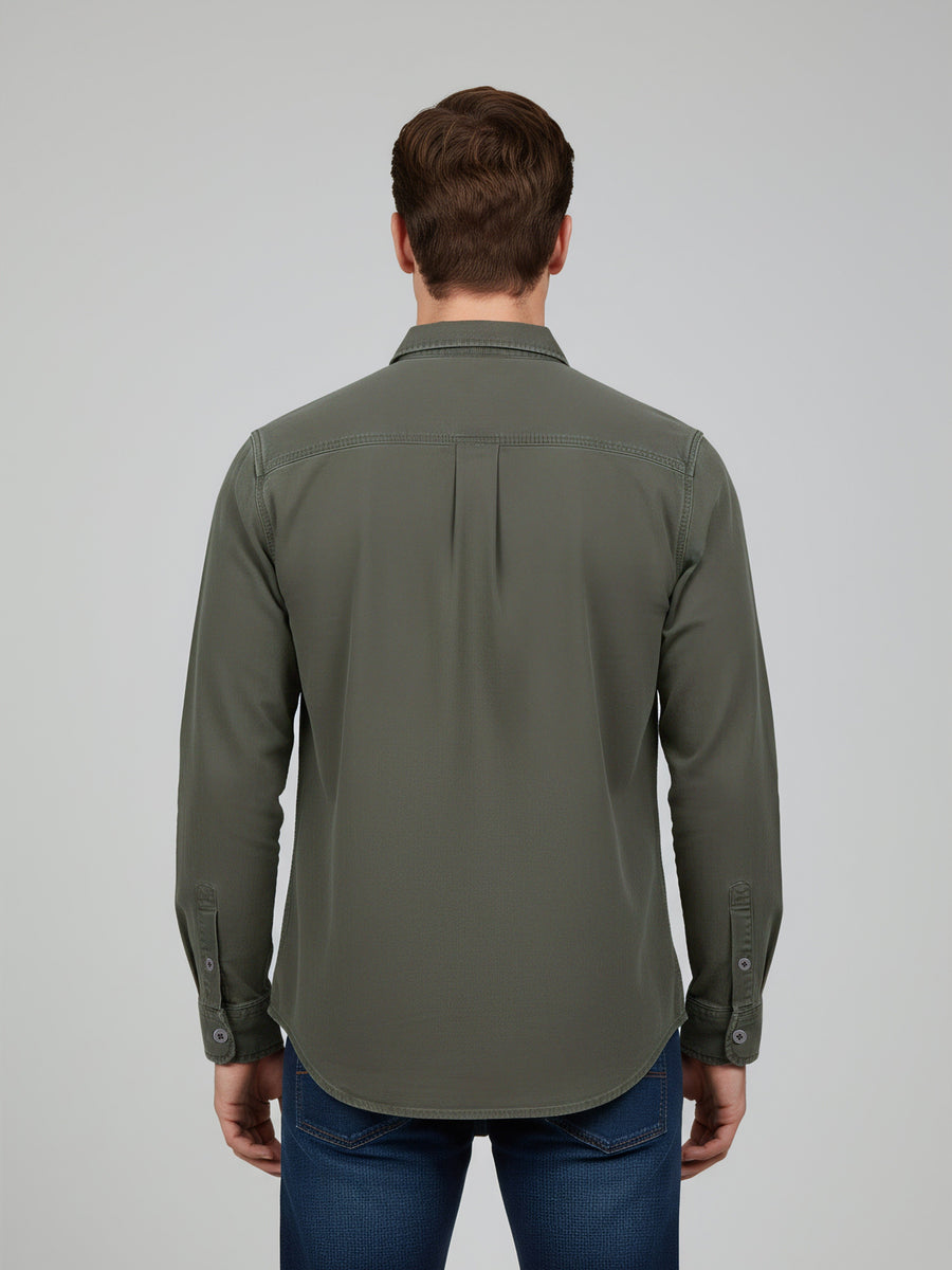 Celio* Men Olive Overshirt Solid Cotton Shirts