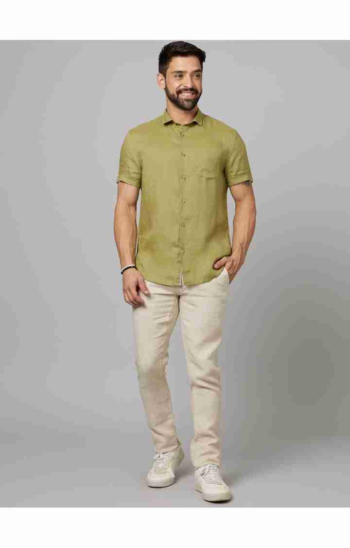 Beige Slim Fit Linen Pants