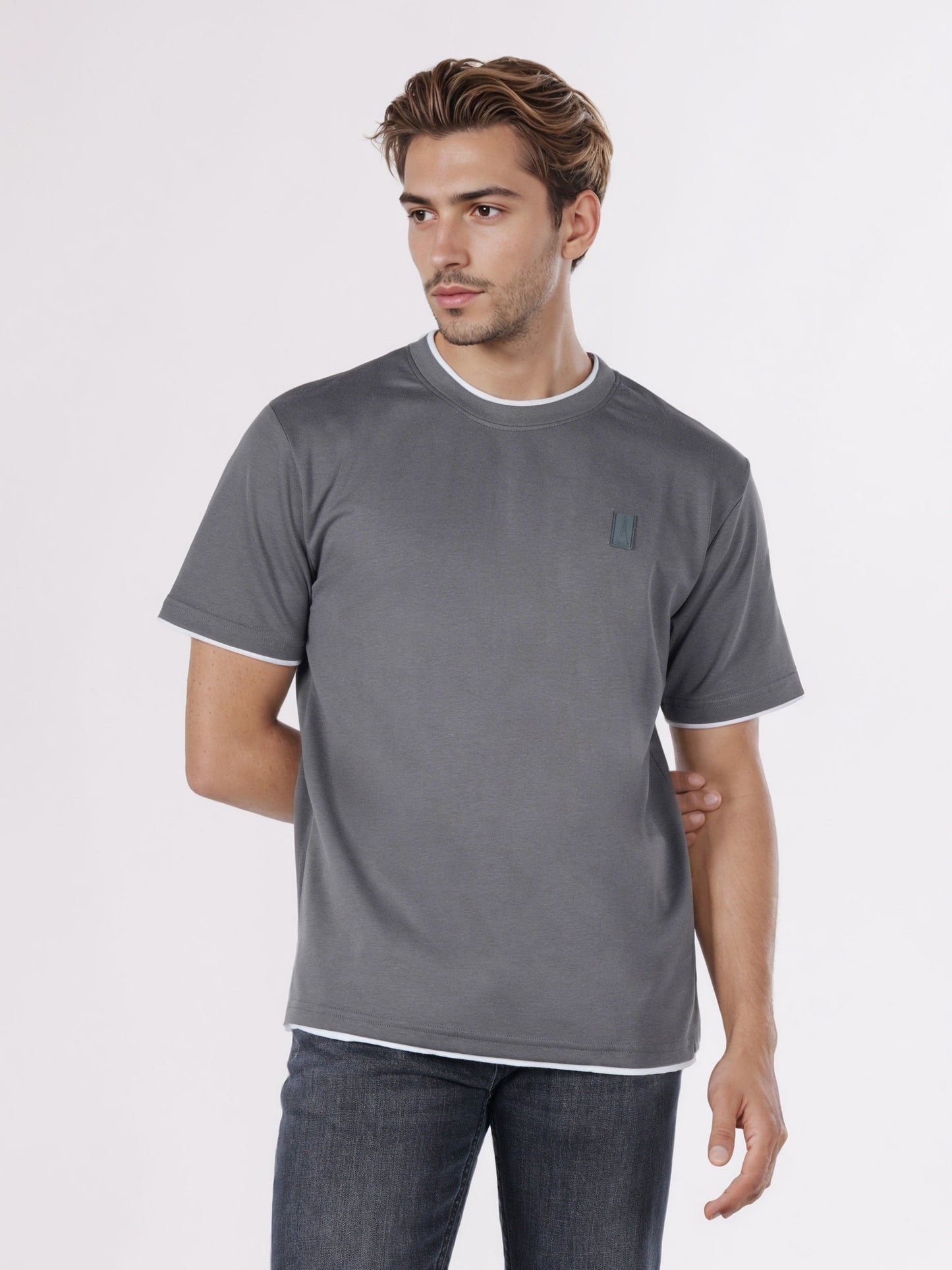 Celio* Men Grey Solid Boxy Fit Cotton-Poly-Blend T-Shirts