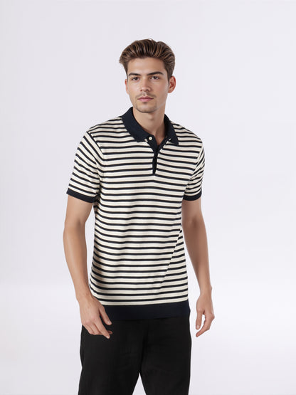 Celio* Men Navy Blue Striped Regular Fit Cotton T-Shirts