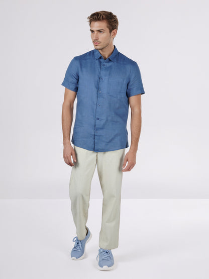 Celio* Regular Fit Solid Men Blue Linen Shirts