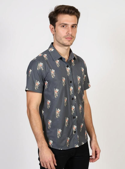 Celio* Men Black Printed Regular Fit Cotton Kaiju Shirt