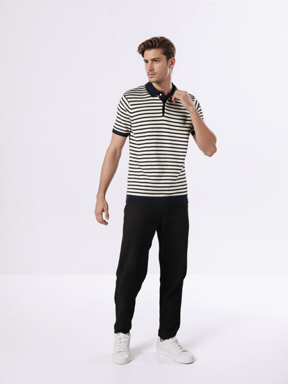 Celio* Men Navy Blue Striped Regular Fit Cotton T-Shirts