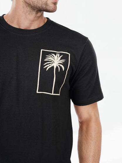 Celio* Embroidered Boxy Fit Cotton Black T-Shirts