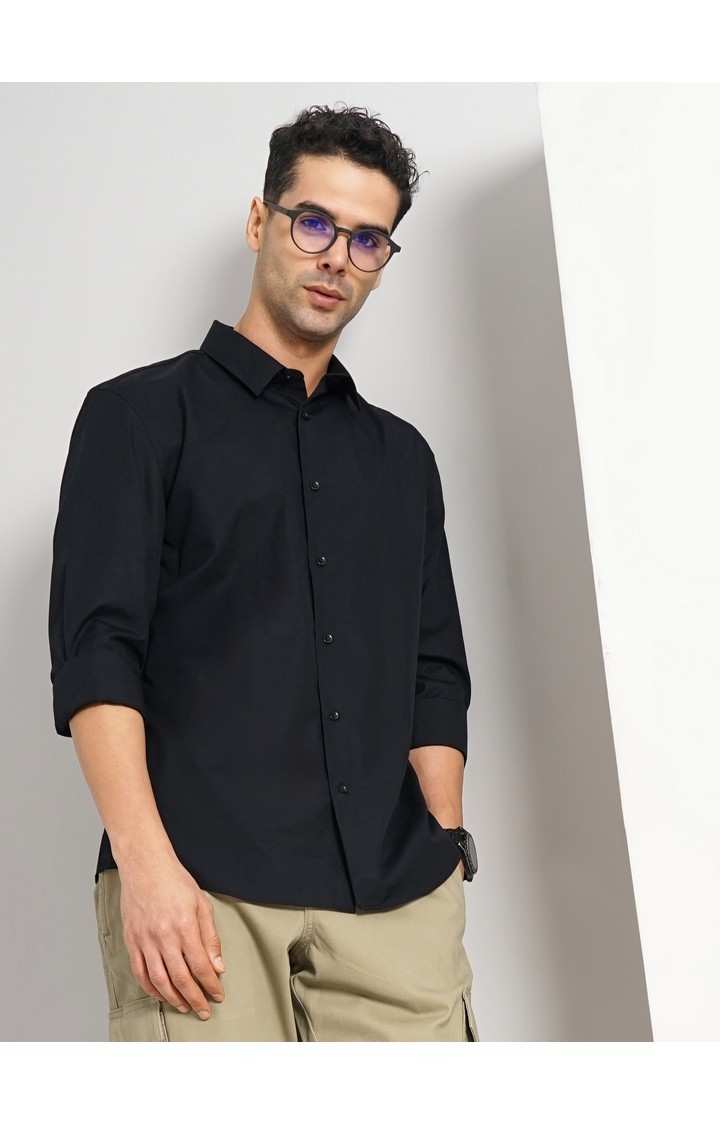Celio* Solid Slim Fit Cotton Black Shirt