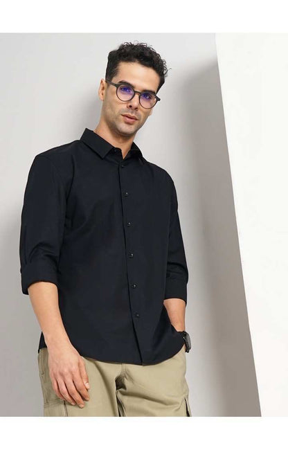 Celio* Solid Slim Fit Cotton Black Shirt