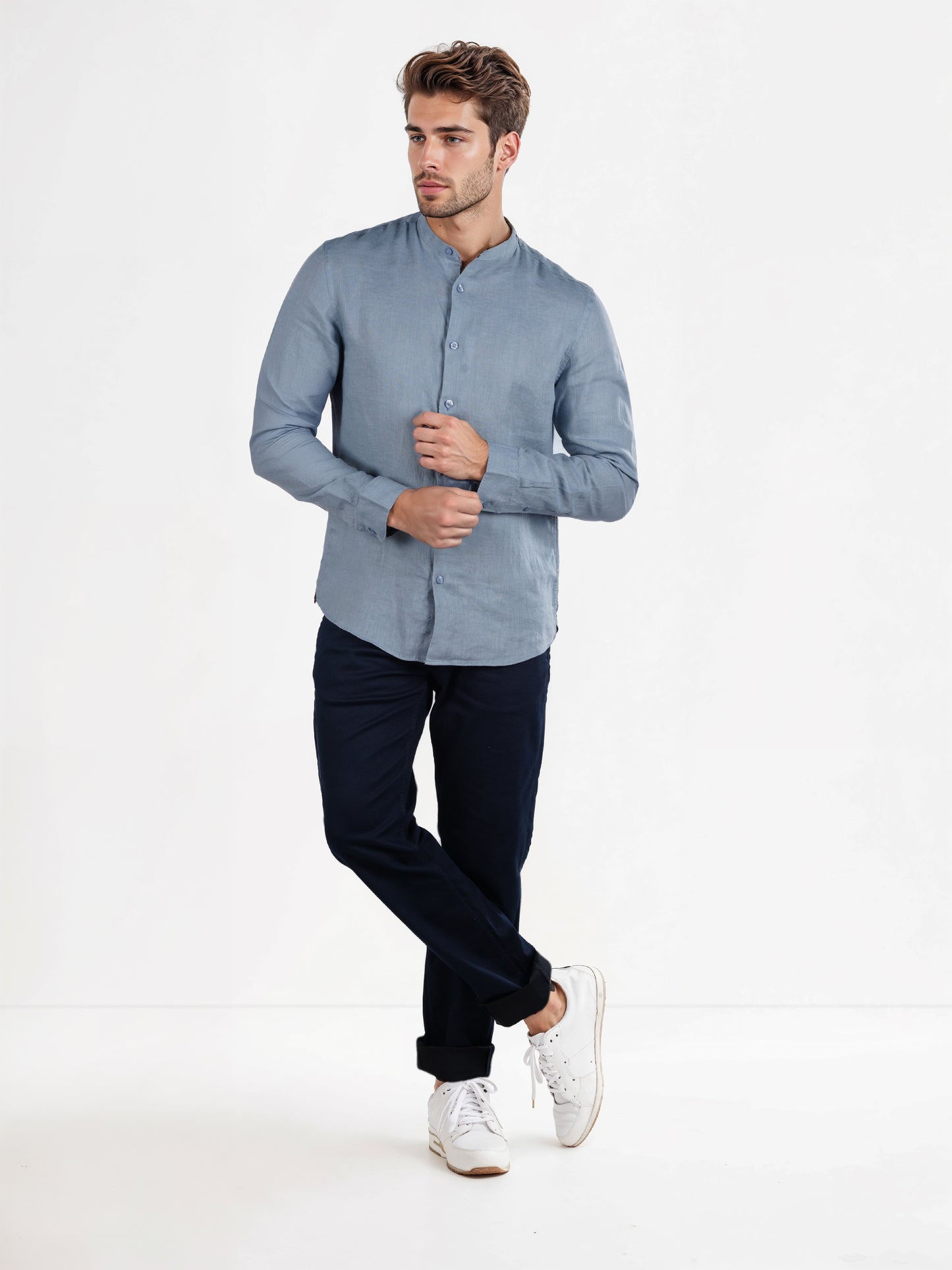 Celio* Solid Regular Fit Linen Blue Shirt
