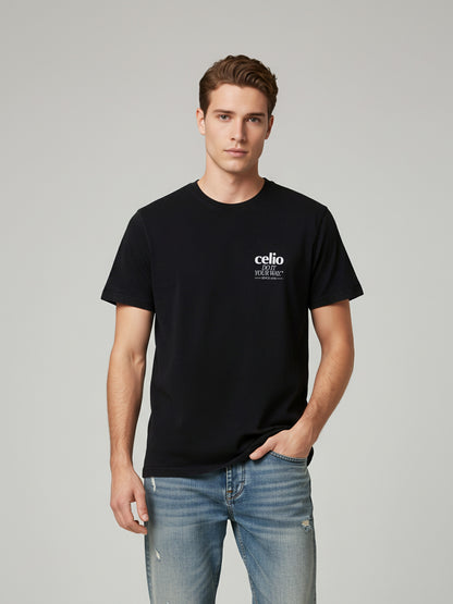 Celio* Men Black Printed Regular Fit Cotton T-Shirts