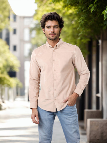 Celio Solid Regular Fit Cotton Beige Shirts