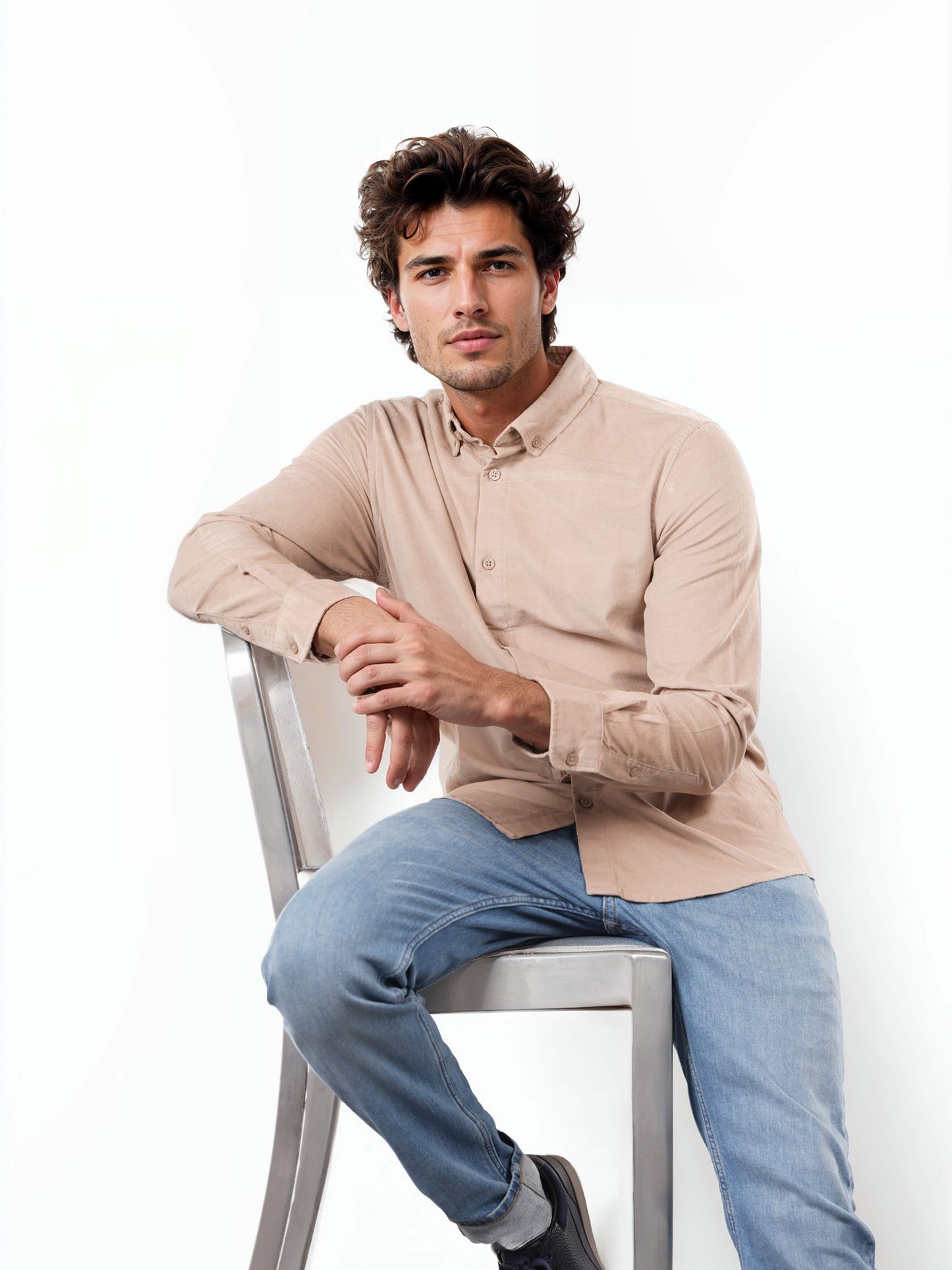 Celio Solid Regular Fit Cotton Beige Shirts