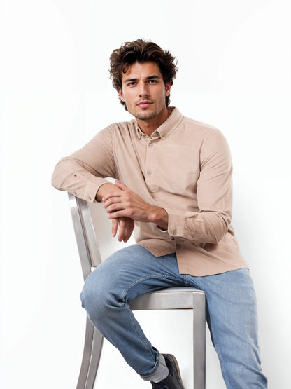Celio Solid Regular Fit Cotton Beige Shirts