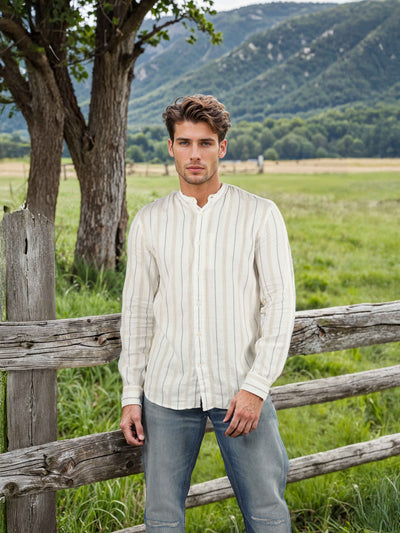 Celio Men Beige Striped Regular Fit Cotton Shirts