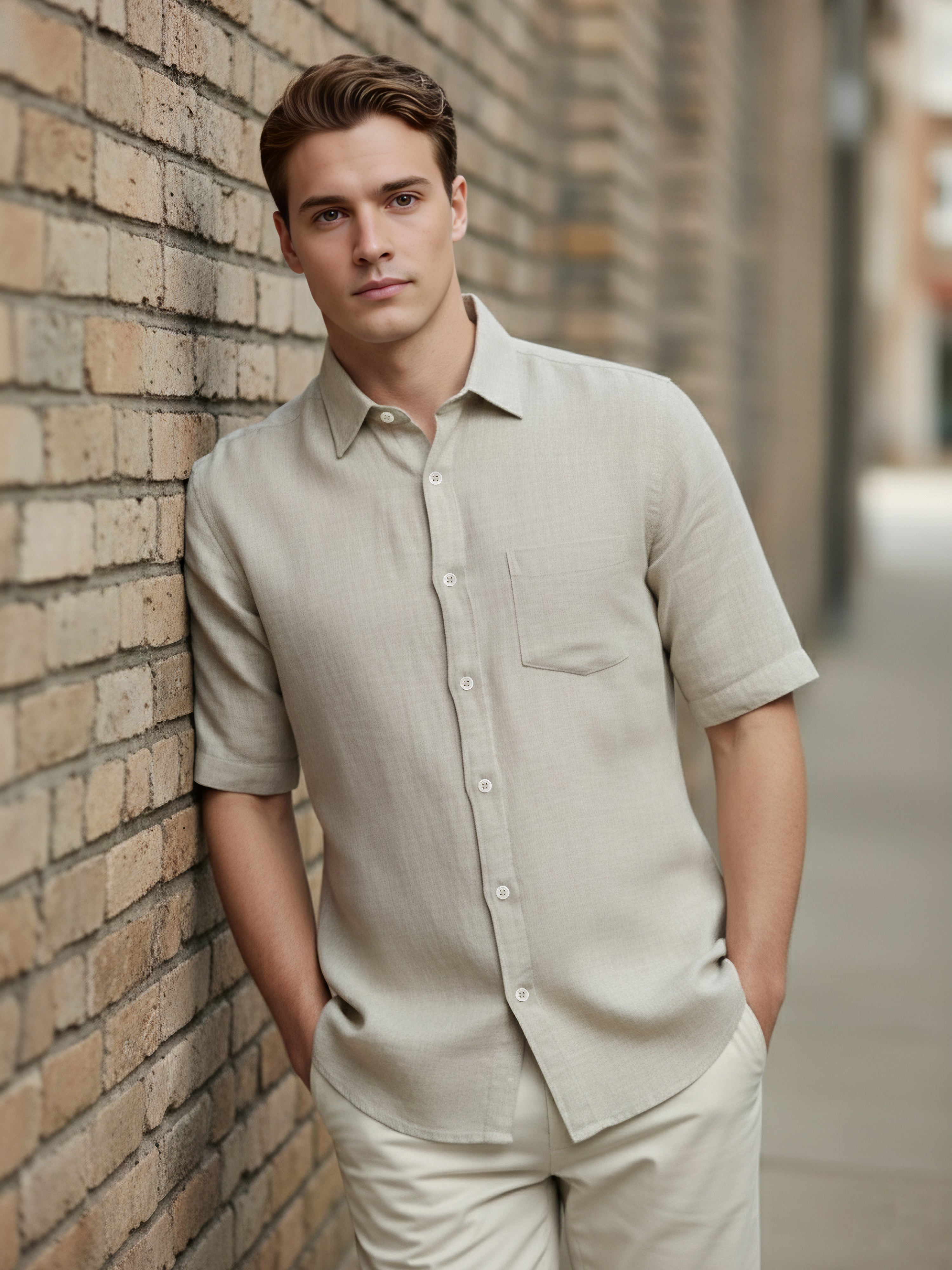 Celio* Men Beige Solid Regular Fit Linen Shirts