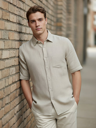 Celio* Men Beige Solid Regular Fit Linen Shirts