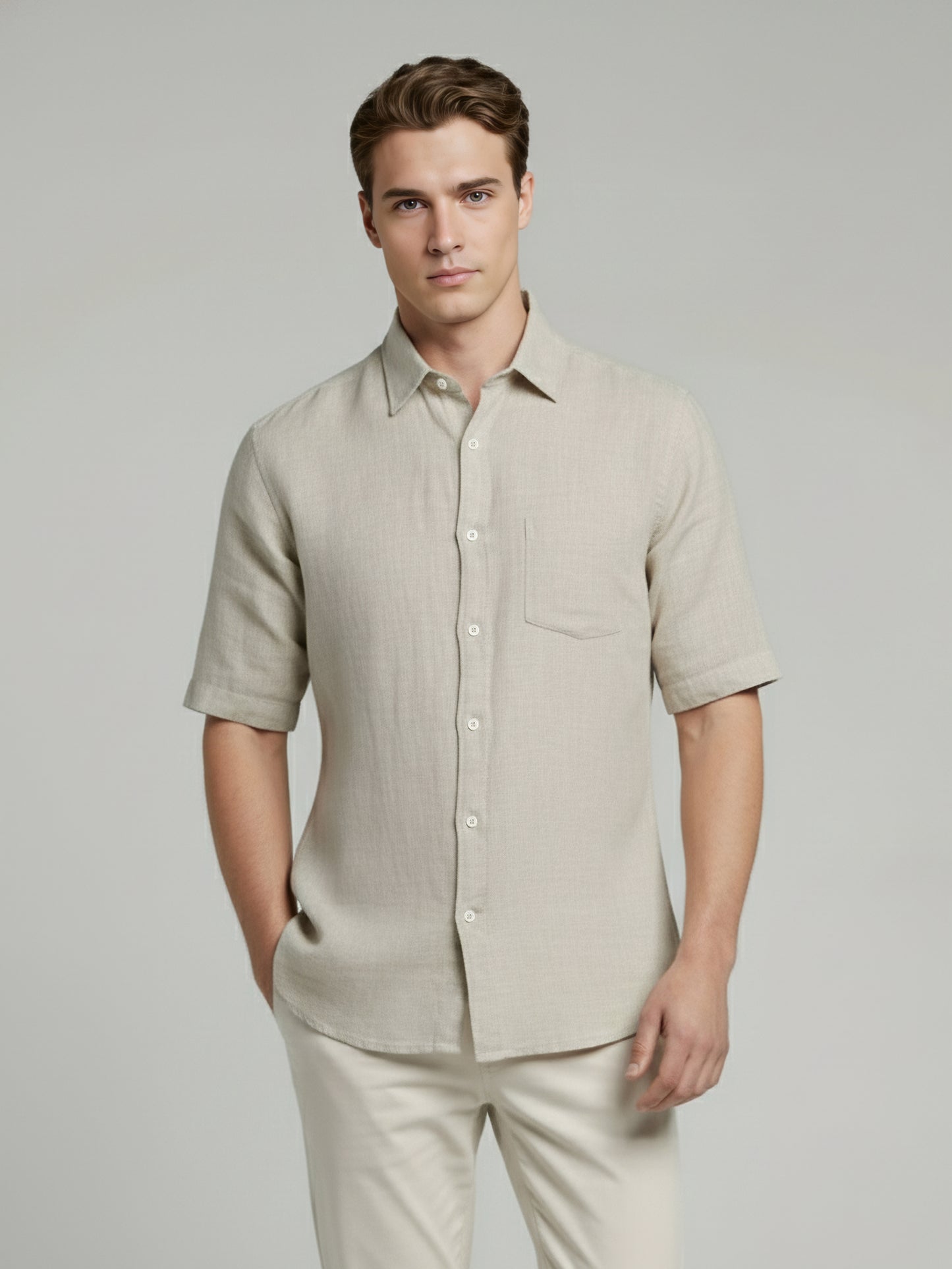 Celio* Men Beige Solid Regular Fit Linen Shirts