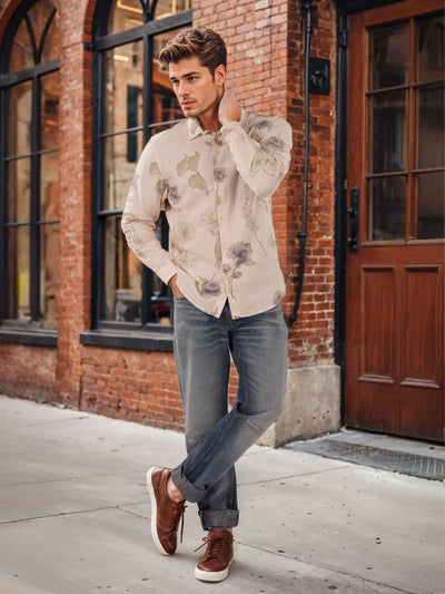 Celio Men Beige Printed Regular Fit Cotton Shirts