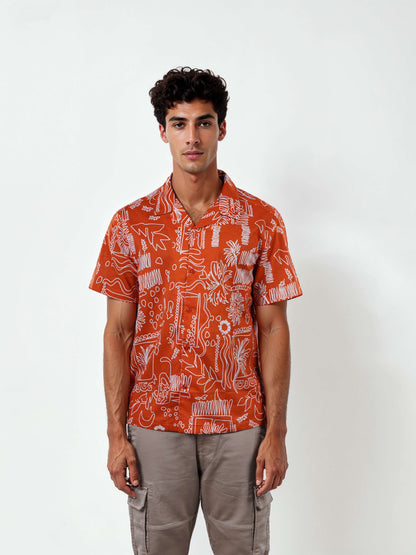 Celio Men Red Printed Regular Fit Cotton Shirts