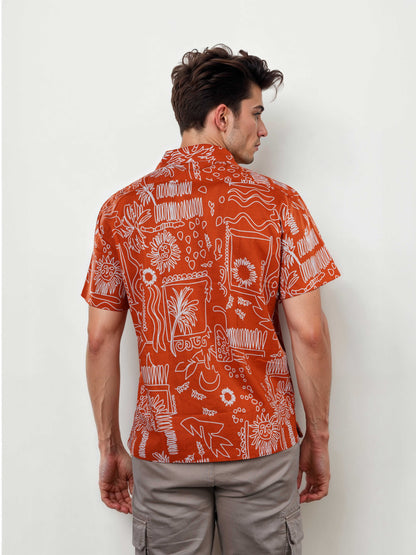 Celio Men Red Printed Regular Fit Cotton Shirts