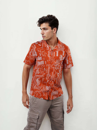 Celio Men Red Printed Regular Fit Cotton Shirts