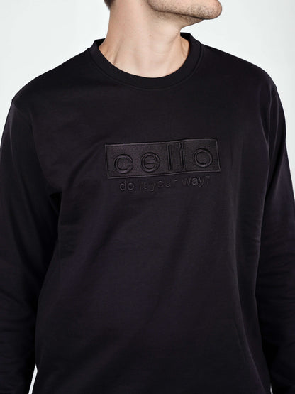Celio Men Black Embroidered Regular Fit Cotton Sweatshirts