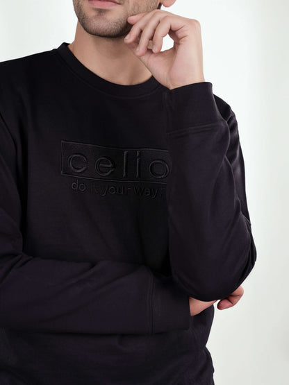 Celio Men Black Embroidered Regular Fit Cotton Sweatshirts